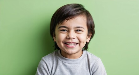 Child Latino boy with soft features and straight brown hair smirking pale green background