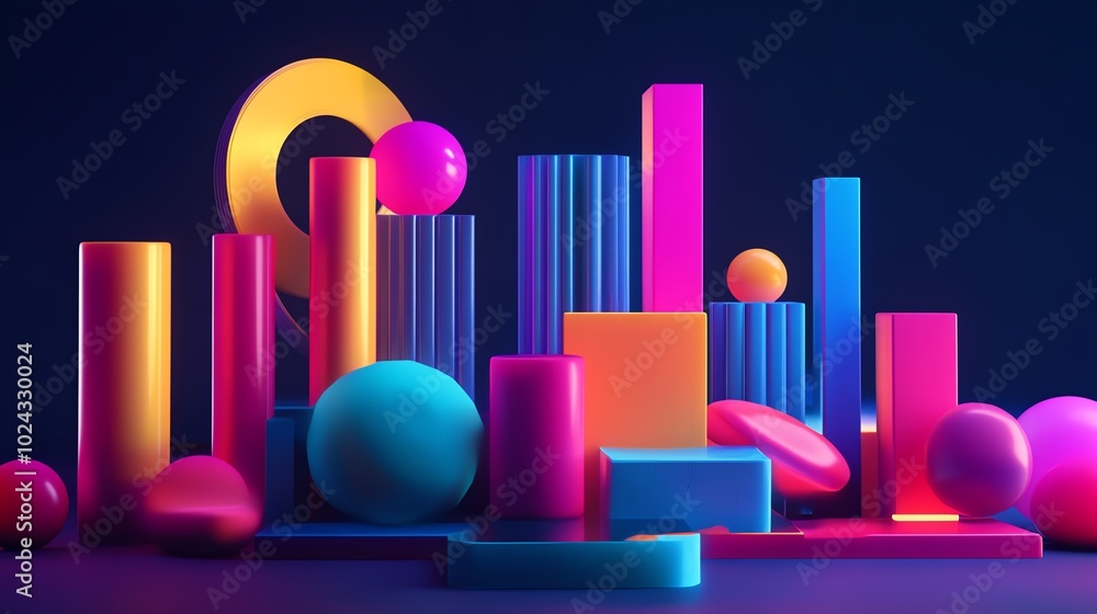 Poster 3d rendered abstract composition with colorful geometric shapes.