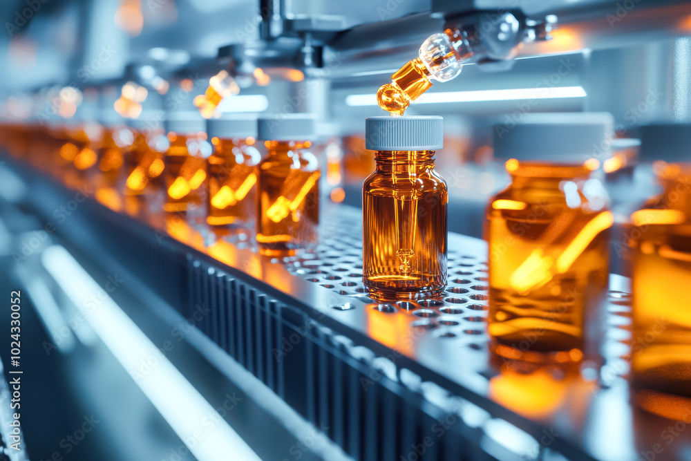 Poster an assembly line in a high-tech laboratory, with rows of small amber-colored glass bottles