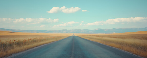 Flag of open road through a vast rural landscape completely overgrown with brush, plus views of mountains in the distance, fluffy clouds, conveying the meditation and tranquility of the landscape.