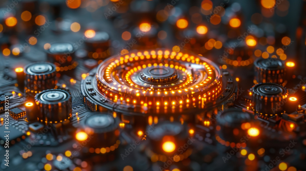Poster futuristic quantum computer processor with glowing qubit technology on a circuit board, artificial i