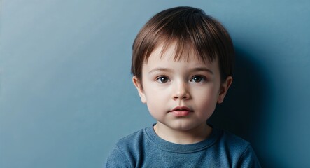 Fototapeta premium Child white boy with delicate features and straight brown hair neutral face pale blue background