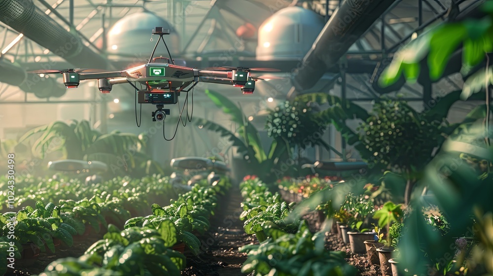 Aufkleber Drones and sensors equipped with AI monitor crops in a high-tech farm, enhancing agricultural practices and maximizing yield potential. Generative AI