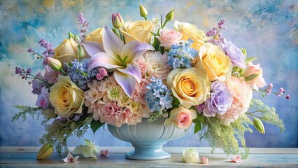 A pastel symphony of blossoms, a vibrant bouquet in a delicate blue vase, creating a visual ode to the beauty of nature's artistry.