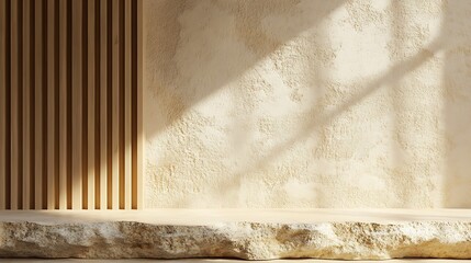  Concrete tabletop on wooden wall panels background for product presentation. Empty countertop with vertical slats. Aesthetic podium mockup in modern studio interior. 