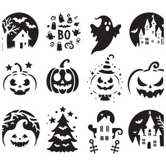  Halloween clip art assortment including jack-o'-lanterns, cobwebs, and playful ghosts for festive designs.