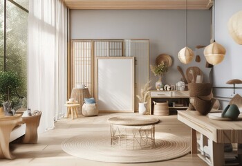 A modern living room featuring natural light, light wood accents, and a large white framed canvas.