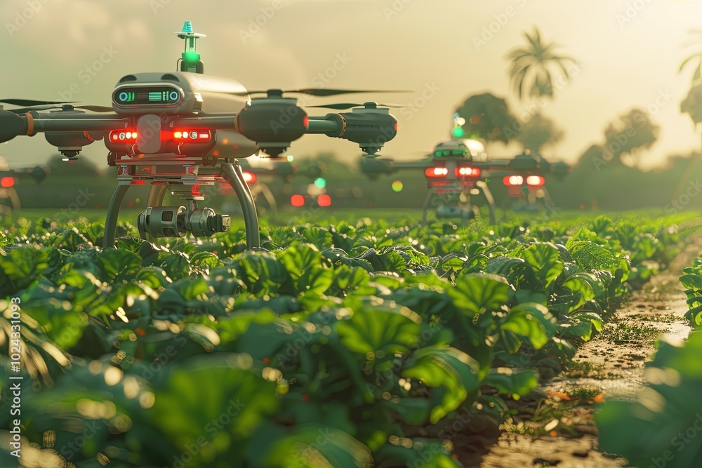 Poster drones equipped with sensors actively monitor crops, enhancing efficiency in modern farming through 
