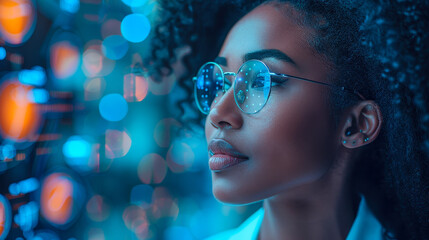 Young Female Doctor Analyzing Holographic AI Data in Innovative Healthcare Research Setting, Medical Technology at Night, Focus and Innovation in Medicine