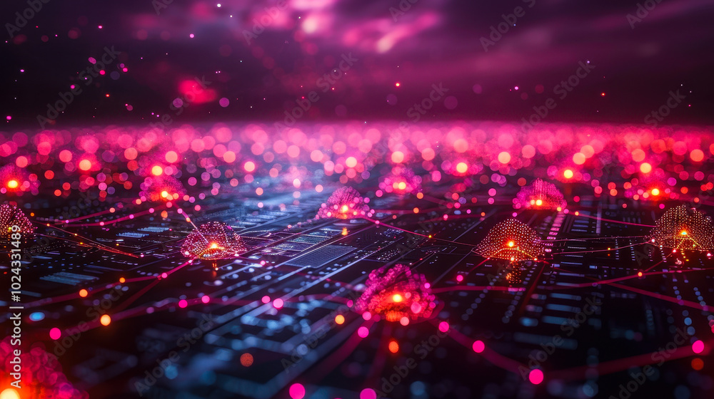 Poster futuristic cloud computing infrastructure with fiber optic network connections and data storage in a