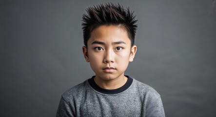 Fototapeta premium Teen Asian boy with narrow eyes and spiked hair serious soft gray background