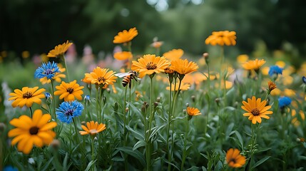 A bee flies among orange and blue flowers in a field.