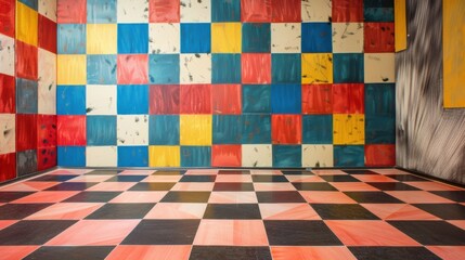 Vibrant wall adorned with intricate chessboard pattern, showcasing traditional artistry and rich colors, creating a lively atmosphere.