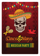 Skull wearing a sombrero with maracas and red peppers. Cinco de Mayo celebration. Cinco de Mayo concept. Flat vector illustration.