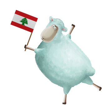 recommend clip art: Funny cartoon sheep with flag of Lebanon. Bright clip art on white background