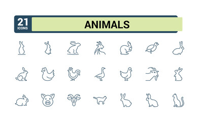 Domestic animals icons set. Thin line animal icon collections. Simple vector icons. farm and hunting animals. Editable vector stroke.