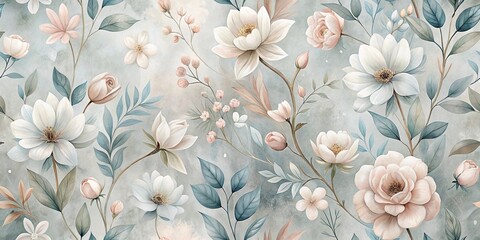 A delicate floral pattern featuring blossoms in shades of white and soft pink, intertwined with elegant foliage on a tranquil blue-grey backdrop.
