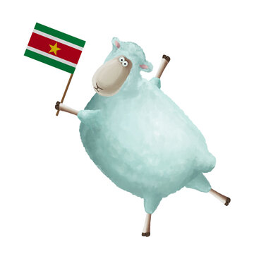 recommend clip art: Funny cartoon sheep with flag of Suriname. Bright clip art on white background