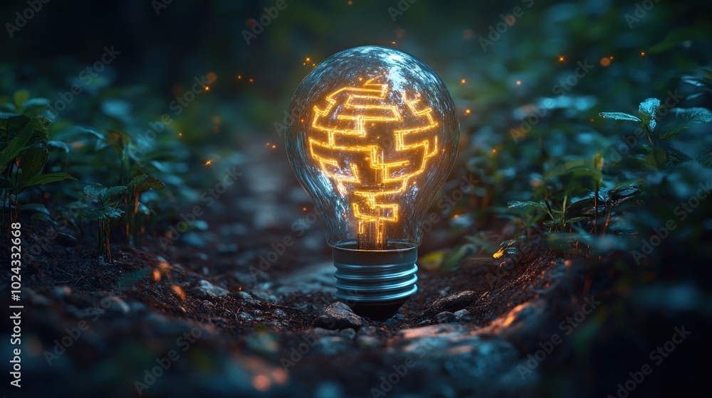 Poster a glowing light bulb with a complex pattern inside is lying on the ground in a forest setting.
