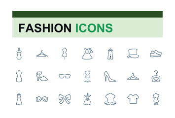 Clothes and fashion line icons. Fashion icons collections. Dress, T-shirt, Pants, Jacket, Shoe, Shirt symbols. Vector illustrations. Editable Stroke