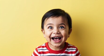 Toddler Latino boy with wide eyes and short straight hair laughing bright yellow background