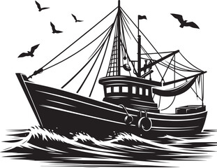 Fishing boat silhouette vector illustration isolated on a white background