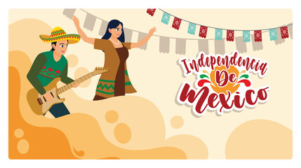 Women dancing to Mariachi music. Cinco de Mayo celebration with music and hanging flags. Cinco de Mayo concept. Flat vector illustration.