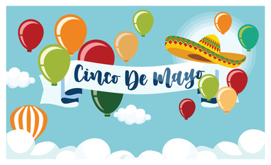 Cinco de Mayo celebration with sombrero. Colorful balloons decorate the sky with white clouds. Cinco de Mayo concept. Flat vector illustration.
