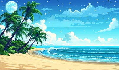 Fototapeta premium design for a sale banner including palm trees on the shore, Generative AI.