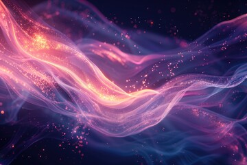 Abstract neon light waves with sparkling particles on dark background