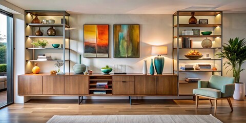 A Contemporary Living Space Featuring a Wooden Cabinet with Open Shelves, Decorated with Ceramic Vases, Books, and Art