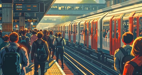 Fototapeta premium During rush hour, commuters swarm an urban train station platform as trains arrive and depart, generating a bustling and vibrant scene, Generative AI.