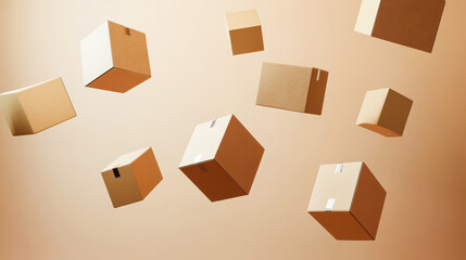 Obraz premium Cardboard boxes of various sizes floating in mid-air against a soft gradient background