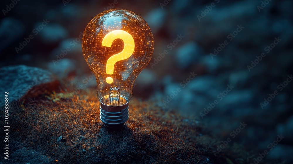 Poster a light bulb with a question mark inside on a dark background.