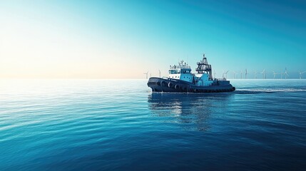 Obraz premium A tugboat sails on a calm sea. The tugboat is moving towards a field of offshore wind turbines.