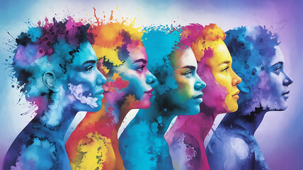 Watercolor Colorful Human Silhouettes Facing Sideways DEIB Concept, diversity, equity, inclusion, belonging, human silhouettes,