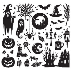  Halloween clip art assortment including jack-o'-lanterns, cobwebs, and playful ghosts for festive designs.