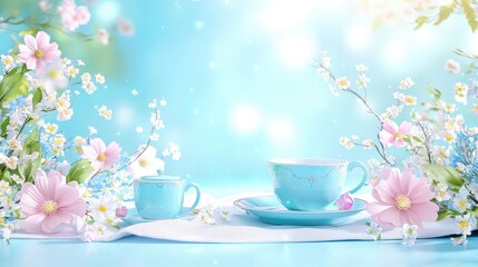 Fototapeta premium Blue china tea set placed on a picnic blanket, with soft sculpture flowers in a cartoon garden under soft, animated sunlight