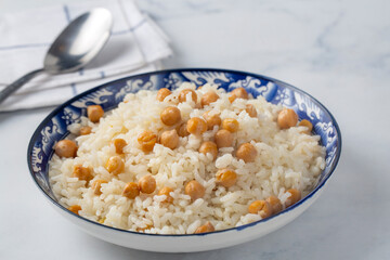 Turkish Rice with chickpea served, Turkish name; Nohutlu pilav or pilaf