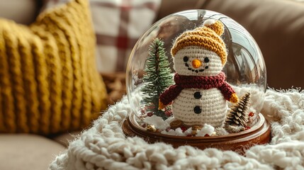 A cozy snow globe featuring a handmade snowman with a warm hat and scarf, surrounded by miniature trees.