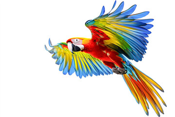Colorful flying parrot isolated on white background