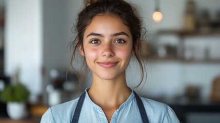 Fototapeta premium 26 years old Colombian woman, hair tied back and with surprised eyes. She is wearing a light blue collared shirt, dark blue apron. She looks at the camera happily and with wide open eyes.