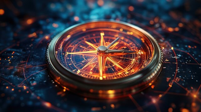A close-up shot of a golden compass with a glowing red needle pointing north, set against a dark blue and red background with a swirling pattern of stars.