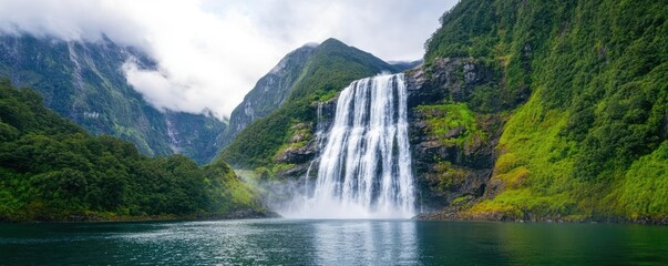 Fototapeta premium A majestic waterfall cascading down a mountain, with mist rising and sunlight reflecting off the water, waterfall power, nature s energy