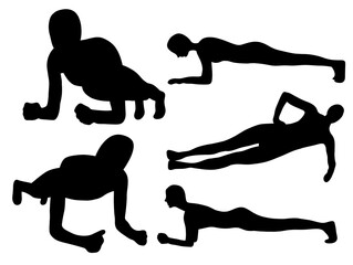 Silhouette plank position. Sport exercise workout silhouettes. Fit fitness people. Plank core workout silhouettes. Set of Plank Silhouette illustration.