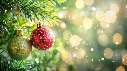 Obraz premium Decorative Christmas ornaments hang from a pine tree branch on a festive holiday morning