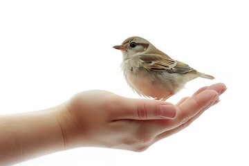 Hand holding a tiny bird on a white background, Generative AI.