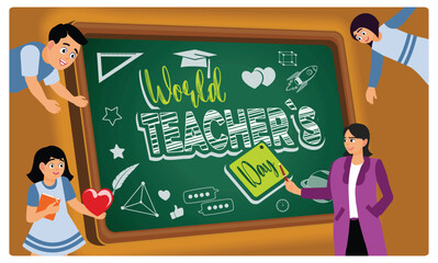 A teacher received congratulations from his students. Teacher and student standing in front of the blackboard. Teacher's day concept. Flat vector illustration.