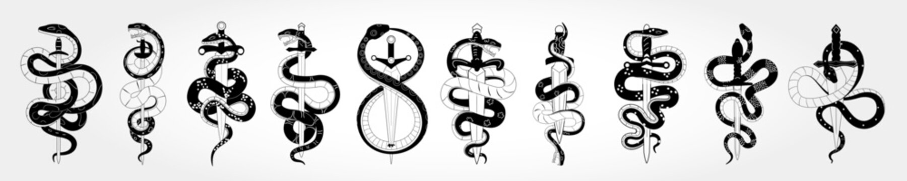 Snake icon. Logo design reptile collection. Animal graphic black silhouette, sign tattoo skin serpent, cobra and anaconda. Symbol knife viper poison. Element sword. Vector New Year isolated emblem set