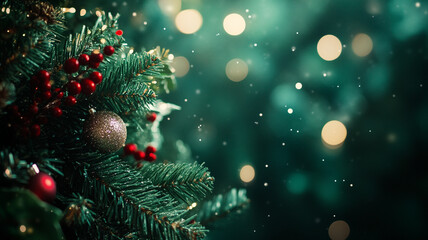 A beautifully decorated Christmas tree with ornaments and snowflakes on Christmas Day